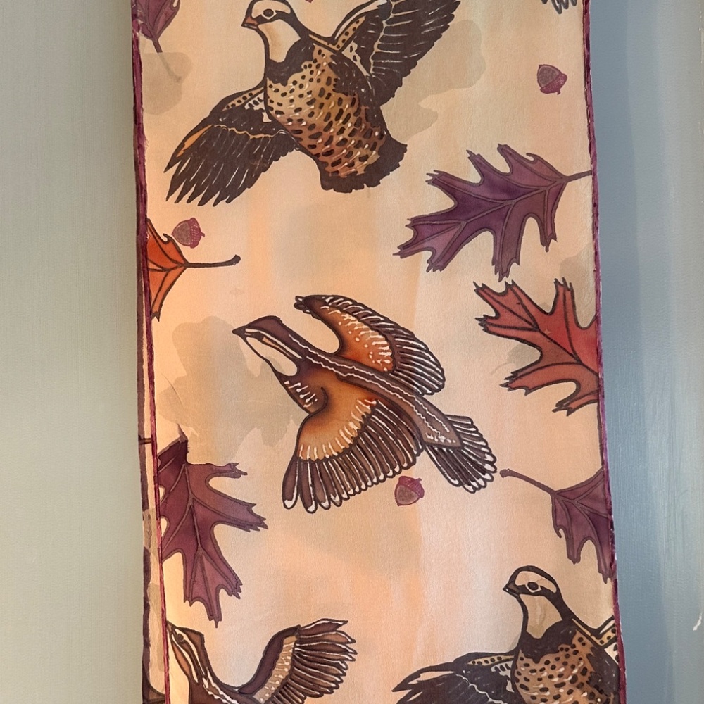 Handmade Silk Scarf, Original Design One-of-a-Kind Quails Grouse Leaves Tan - Picture 5 of 9